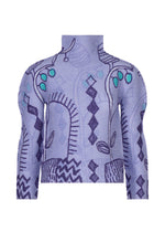 The PLANT shirt by me ISSEY MIYAKE is a high-neck, long-sleeve top adorned with abstract blue and teal zigzags, wavy lines, and leaf-like plant patterns on a light lavender background. - PURPLE-HUED （no.87）