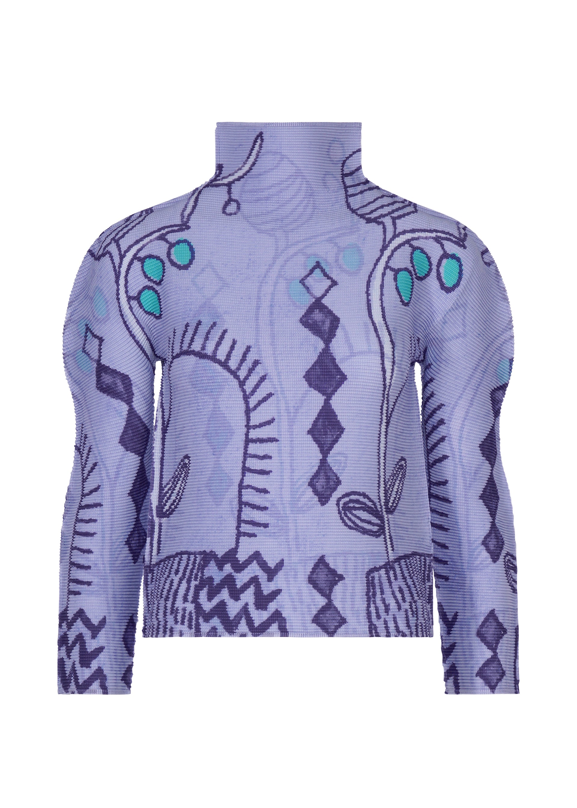 Zoomed view The PLANT shirt by me ISSEY MIYAKE is a high-neck, long-sleeve top adorned with abstract blue and teal zigzags, wavy lines, and leaf-like plant patterns on a light lavender background. - PURPLE-HUED （no.87）