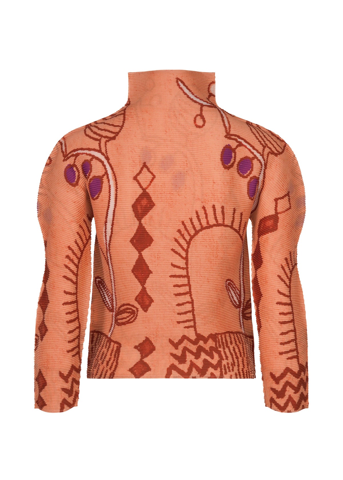 The PLANT top by me ISSEY MIYAKE is a high-neck, long-sleeve turtleneck featuring an abstract design in brown, red, and purple tones with geometric and organic shapes that evoke a subtle plant motif on a beige background. view 4 of 7