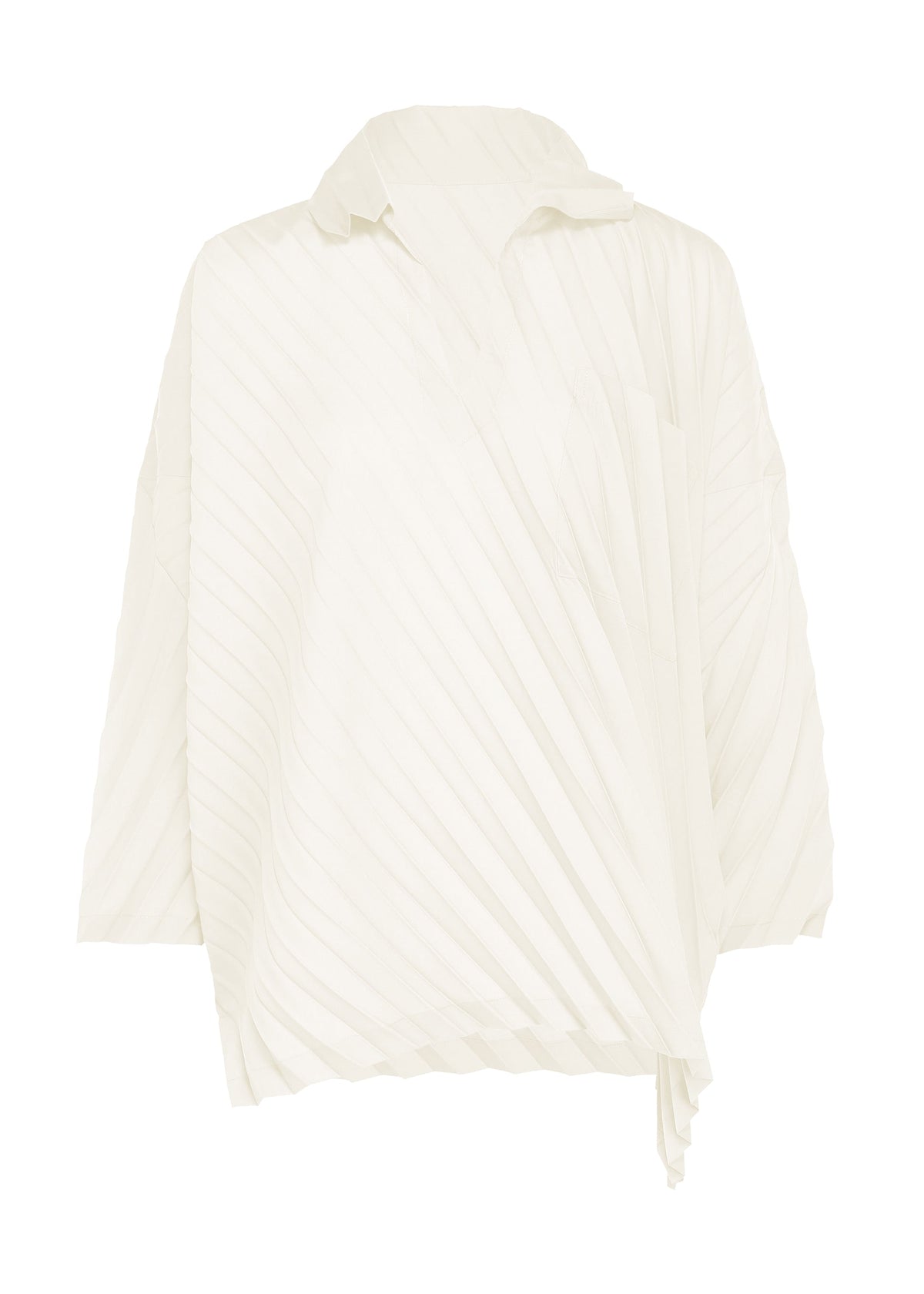 Introducing the ANGLE PLEATS SHIRT by me ISSEY MIYAKE—a white long-sleeve blouse featuring a pleated, diagonal texture and an asymmetrical, oversized silhouette. Designed with a pointed collar and loose fit, this shirt drapes elegantly with a slightly uneven hem. The versatile design seamlessly transitions from day to night, delivering both style and comfort for any occasion. view 1 of 8
