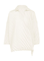 Introducing the ANGLE PLEATS SHIRT by me ISSEY MIYAKE—a white long-sleeve blouse featuring a pleated, diagonal texture and an asymmetrical, oversized silhouette. Designed with a pointed collar and loose fit, this shirt drapes elegantly with a slightly uneven hem. The versatile design seamlessly transitions from day to night, delivering both style and comfort for any occasion. - WHITE （no.01）