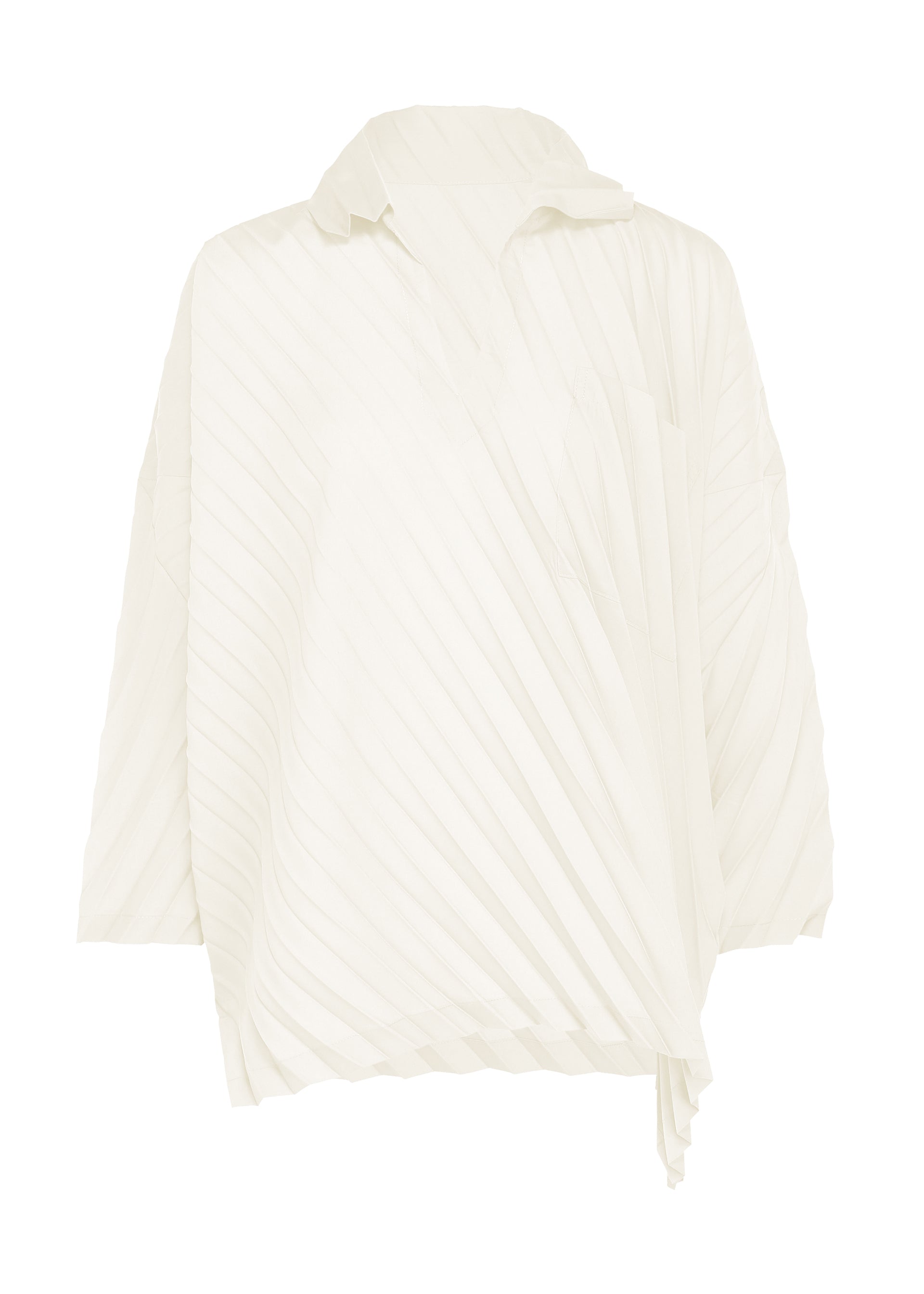 Zoomed view Introducing the ANGLE PLEATS SHIRT by me ISSEY MIYAKE—a white long-sleeve blouse featuring a pleated, diagonal texture and an asymmetrical, oversized silhouette. Designed with a pointed collar and loose fit, this shirt drapes elegantly with a slightly uneven hem. The versatile design seamlessly transitions from day to night, delivering both style and comfort for any occasion. - WHITE （no.01）