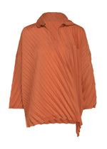 The ANGLE PLEATS SHIRT by me ISSEY MIYAKE is a loose-fitting, long-sleeve rust-orange top featuring diagonal pleats, a single chest pocket, a partial collar, and an asymmetrical hem—perfect for bringing effortless style to any setting. - VERMILION （no.34）