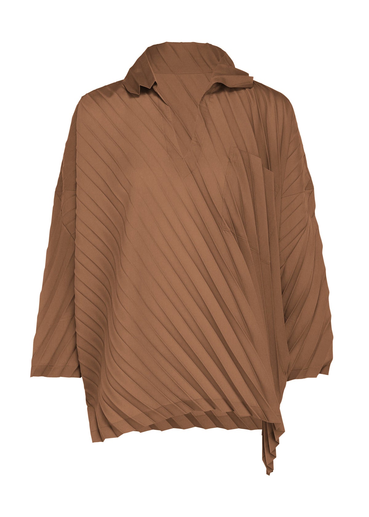 The ANGLE PLEATS SHIRT by me ISSEY MIYAKE is a brown, long-sleeved shirt featuring diagonal pleats, a collar, and an asymmetrical hem with a relaxed fit. Designed without visible buttons or fastenings, this versatile piece offers effortless styling. view 3 of 8