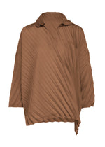 The ANGLE PLEATS SHIRT by me ISSEY MIYAKE is a brown, long-sleeved shirt featuring diagonal pleats, a collar, and an asymmetrical hem with a relaxed fit. Designed without visible buttons or fastenings, this versatile piece offers effortless styling. - BROWN （no.44）