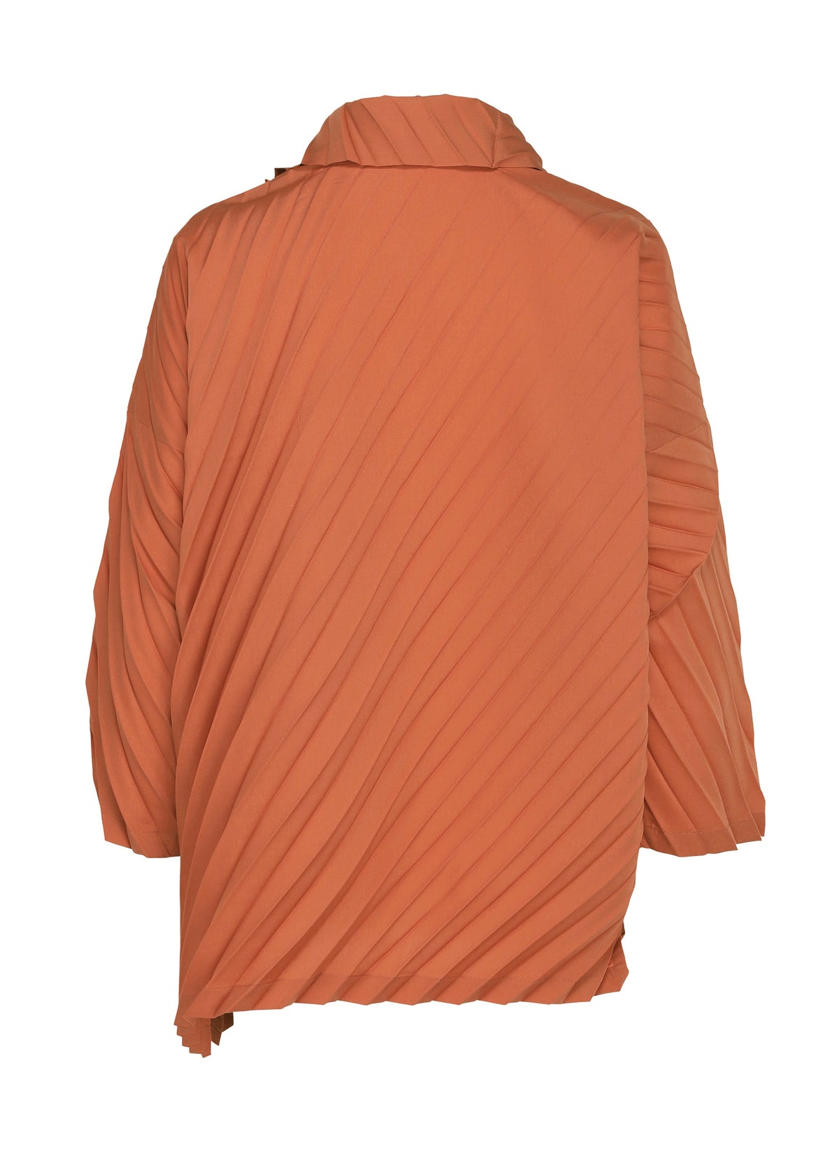 Back view of the ANGLE PLEATS SHIRT by me ISSEY MIYAKE in orange, featuring long sleeves, a wide collar, and a pleated diagonal ribbed texture. The fabric offers a structured yet flowy appearance, making this shirt a versatile option for various occasions. view 4 of 8