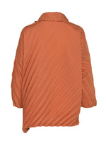 Back view of the ANGLE PLEATS SHIRT by me ISSEY MIYAKE in orange, featuring long sleeves, a wide collar, and a pleated diagonal ribbed texture. The fabric offers a structured yet flowy appearance, making this shirt a versatile option for various occasions.