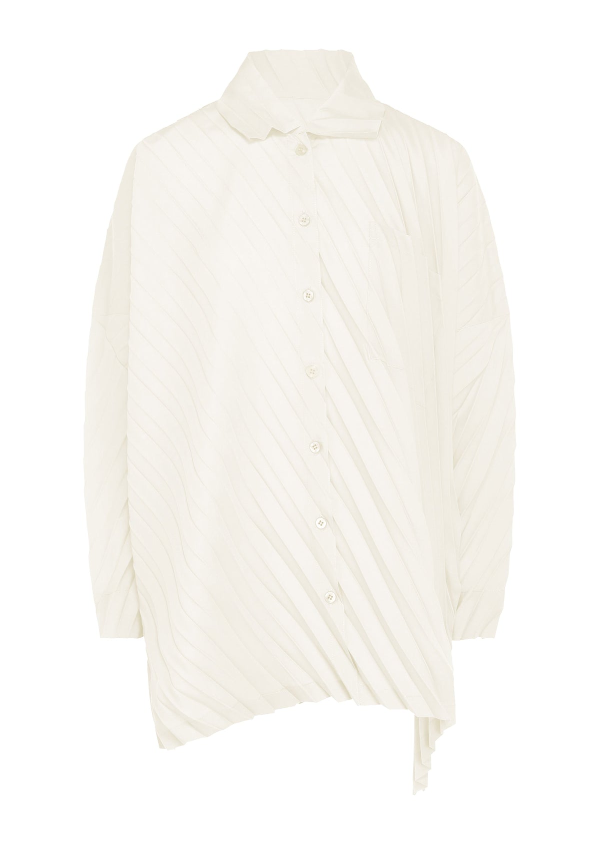 The ANGLE PLEATS SHIRT by me ISSEY MIYAKE is a white long-sleeved button-up featuring a subtle diagonal stripe pattern and an asymmetrical hem, displayed against a plain background. This versatile shirt blends modern style with classic appeal, making it ideal for any occasion. view 1 of 8