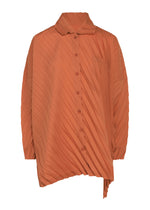 The ANGLE PLEATS SHIRT by me ISSEY MIYAKE is an orange long-sleeve button-up with diagonal pleats and an asymmetrical hemline. This versatile shirt features a collar, a chest pocket, and a loose, oversized fit. - VERMILION （no.34）