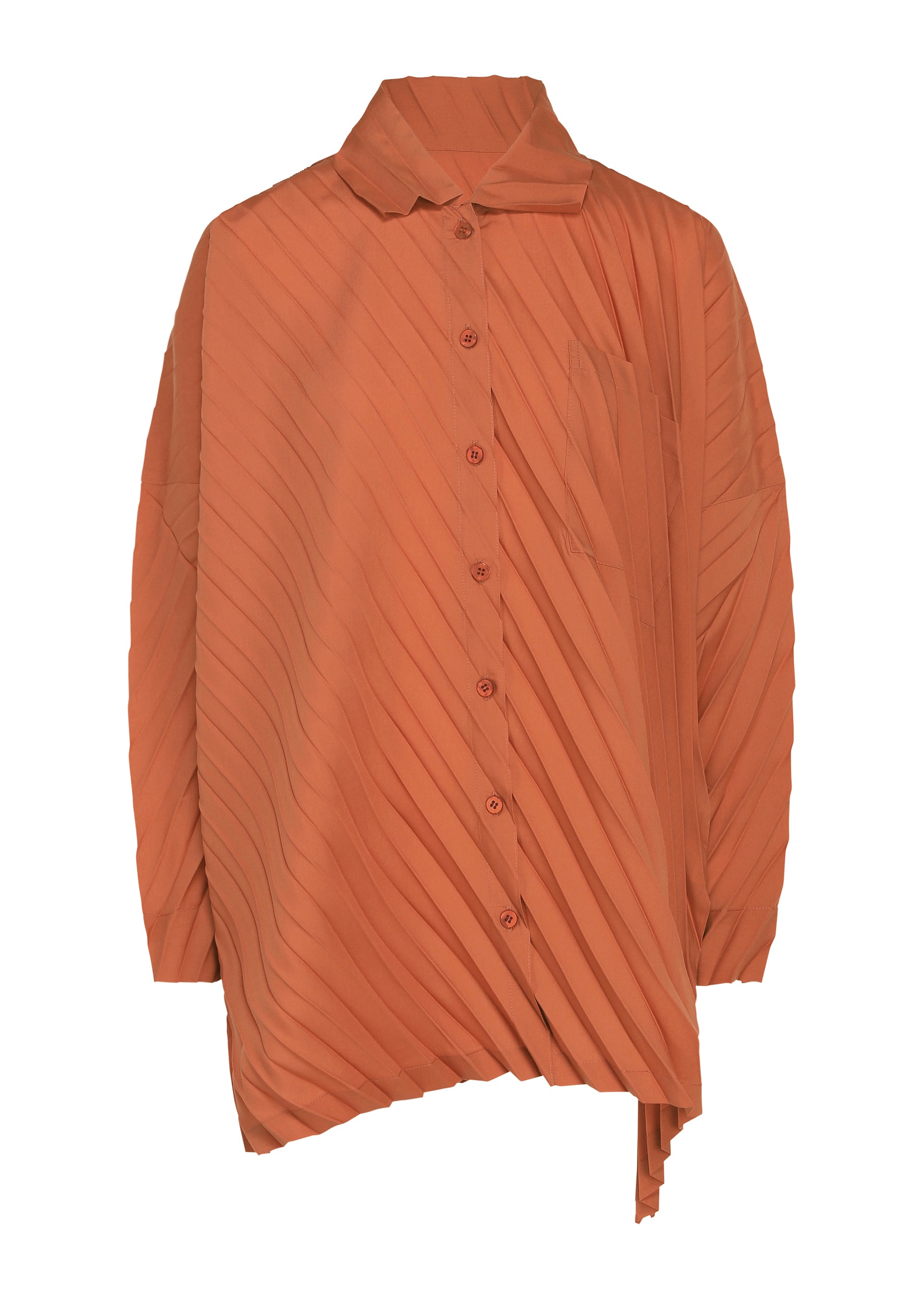 Zoomed view The ANGLE PLEATS SHIRT by me ISSEY MIYAKE is an orange long-sleeve button-up with diagonal pleats and an asymmetrical hemline. This versatile shirt features a collar, a chest pocket, and a loose, oversized fit. - VERMILION （no.34）