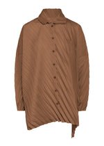The ANGLE PLEATS SHIRT by me ISSEY MIYAKE features a brown long-sleeve button-up design with a diagonal pleated pattern, asymmetrical hem, and pointed collar—offering a versatile blend of style and sophistication for any occasion. - BROWN （no.44）