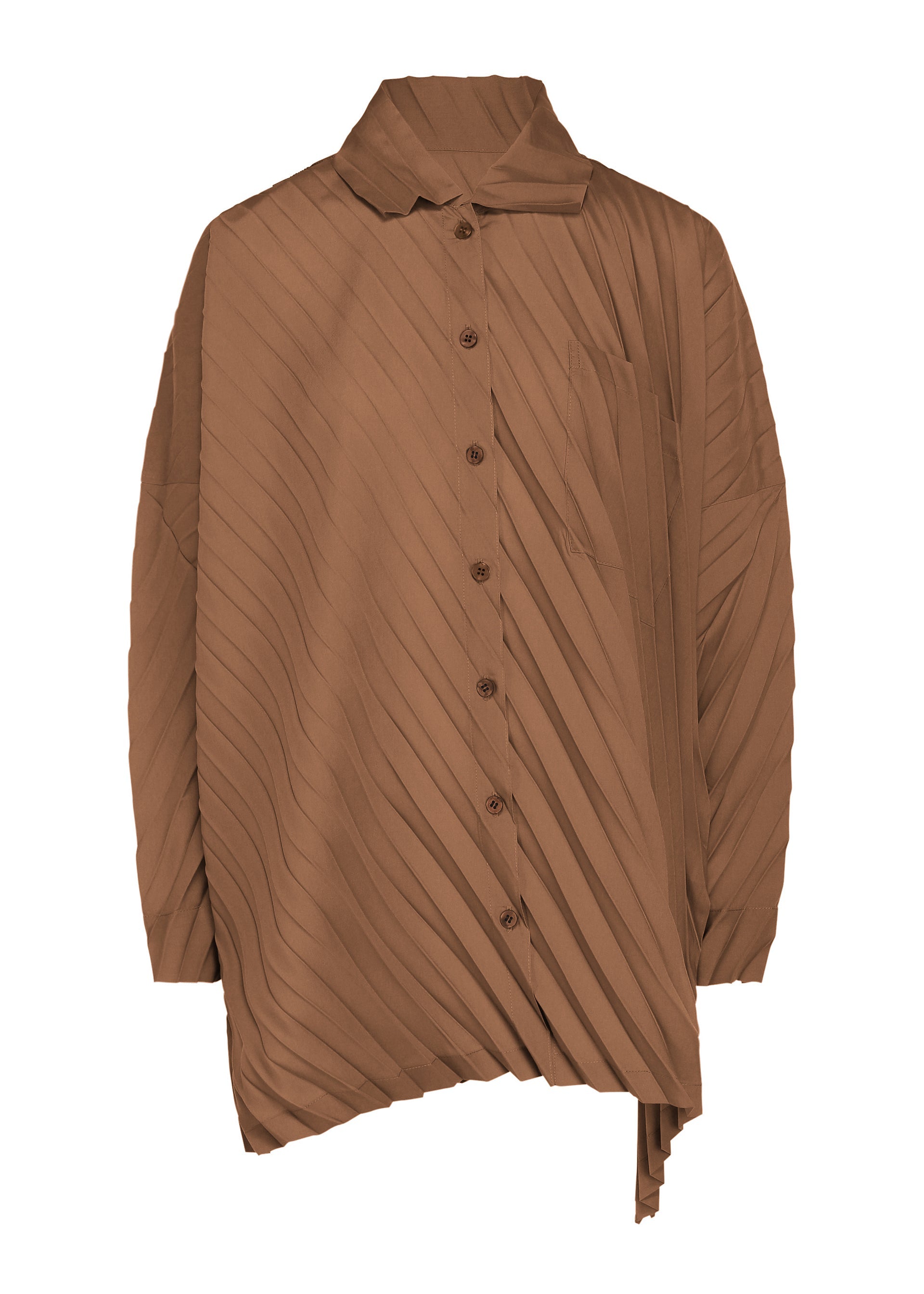 Zoomed view The ANGLE PLEATS SHIRT by me ISSEY MIYAKE features a brown long-sleeve button-up design with a diagonal pleated pattern, asymmetrical hem, and pointed collar—offering a versatile blend of style and sophistication for any occasion. - BROWN （no.44）