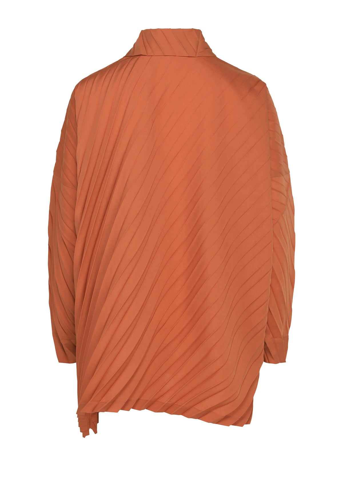 The ANGLE PLEATS SHIRT by me ISSEY MIYAKE is an orange, long-sleeve jacket with pleats, shown from the back. It features diagonal textured lines and an asymmetrical hem, offering a versatile shirt-inspired design that effortlessly blends style and function. view 4 of 8