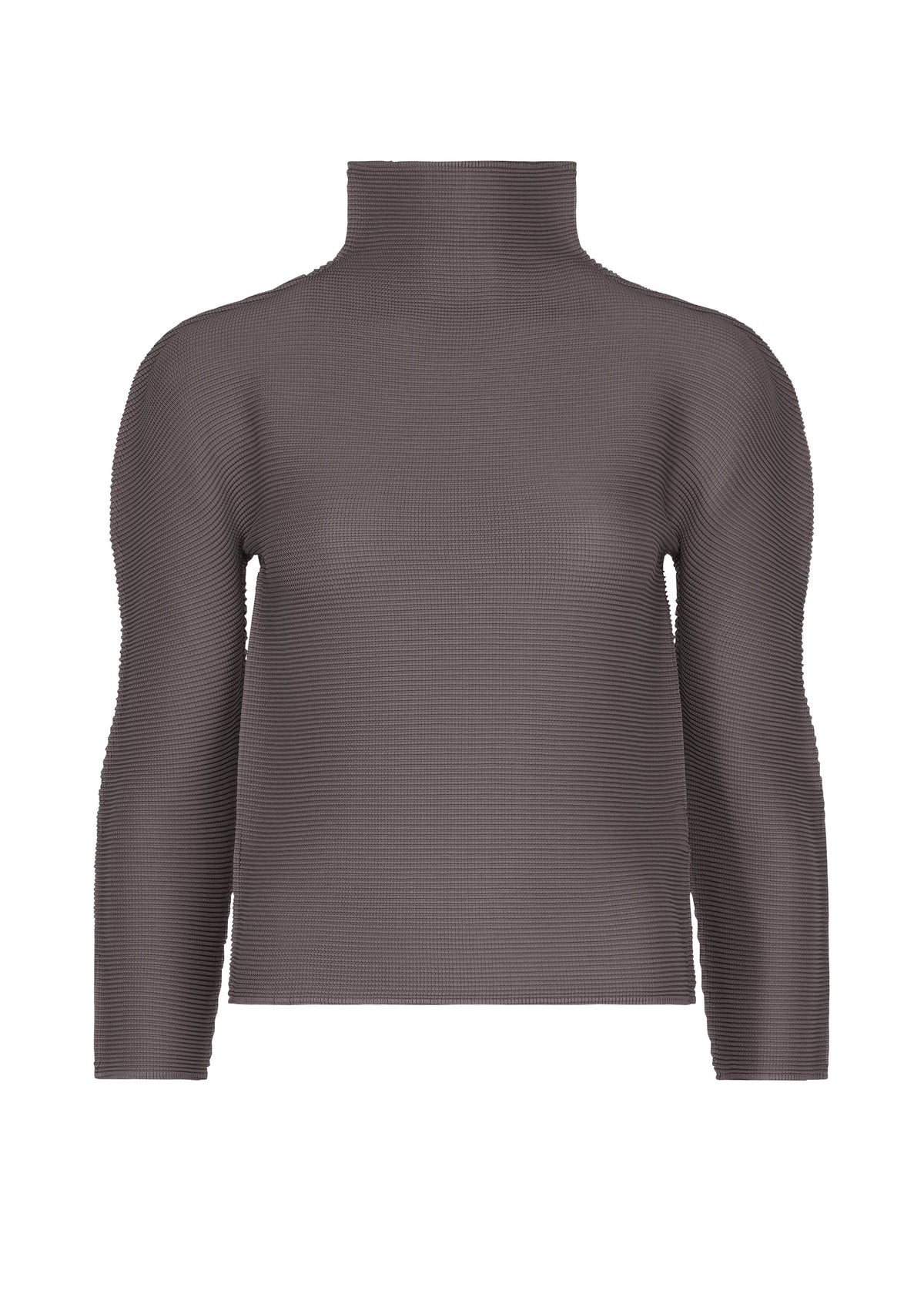 Zoomed view STRETCH PLEATS 4 by me ISSEY MIYAKE: a gray, long-sleeve turtleneck sweater in ribbed, textured fabric with subtle stretch pleats and a relaxed fit, shown on a plain white background. - TAUPE （no.13）