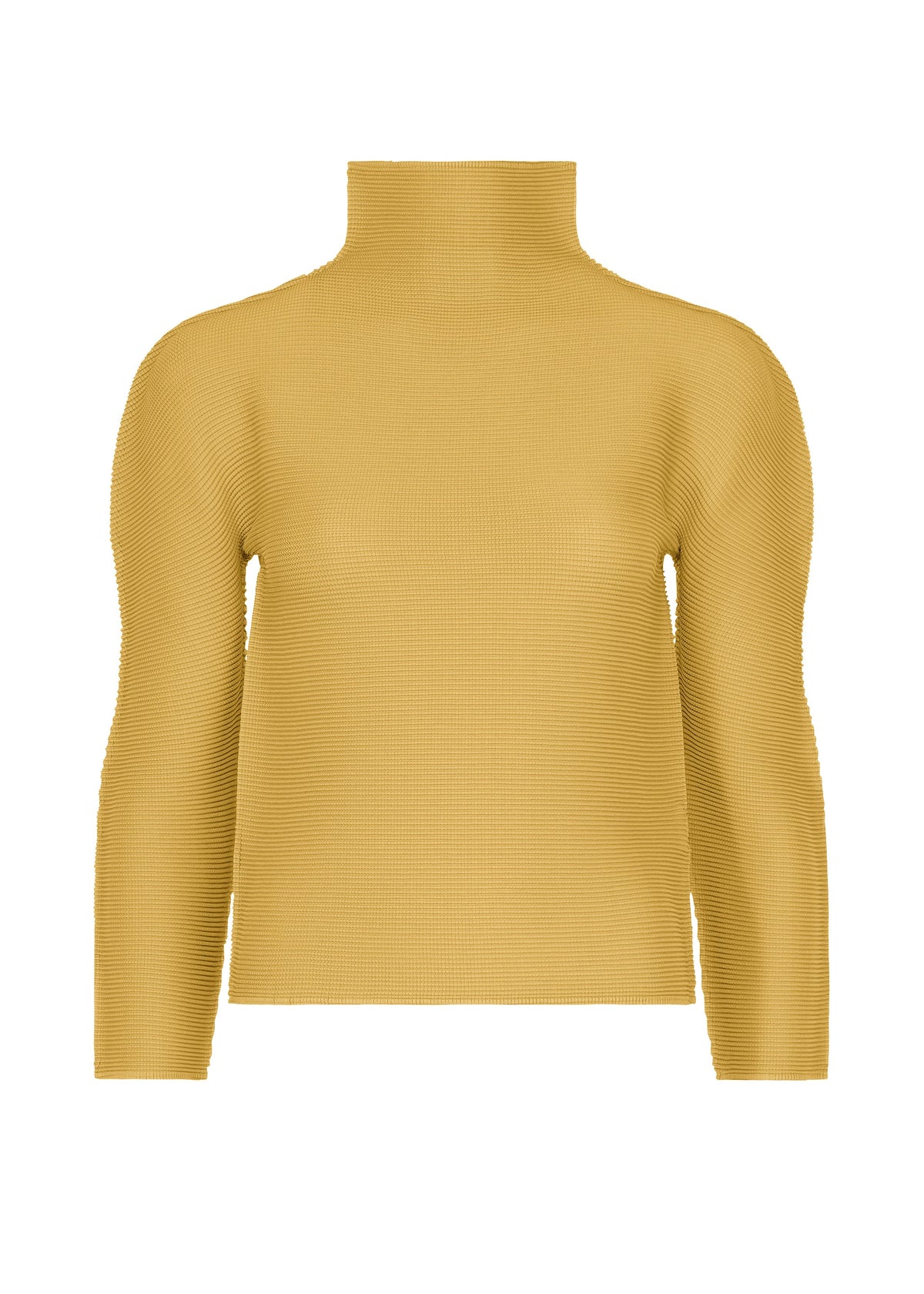 The STRETCH PLEATS 4 by me ISSEY MIYAKE is a mustard yellow, long-sleeved ribbed turtleneck top with a stretchy texture, displayed against a white background. view 2 of 7