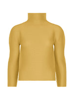 The STRETCH PLEATS 4 by me ISSEY MIYAKE is a mustard yellow, long-sleeved ribbed turtleneck top with a stretchy texture, displayed against a white background. - CREAM YELLOW （no.50）
