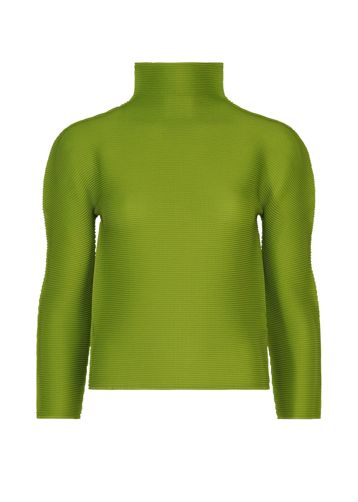 The STRETCH PLEATS 4 by me ISSEY MIYAKE is a green, long-sleeved stretchy top shown from the front on a plain white background, with no visible patterns or logos. view 3 of 7