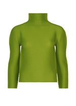The STRETCH PLEATS 4 by me ISSEY MIYAKE is a green, long-sleeved stretchy top shown from the front on a plain white background, with no visible patterns or logos. - LEAF GREEN （no.60）
