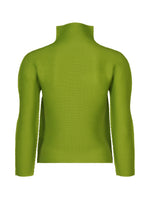 The STRETCH PLEATS 4 by me ISSEY MIYAKE, a green long-sleeve ribbed turtleneck top, is shown from the back against a white background.