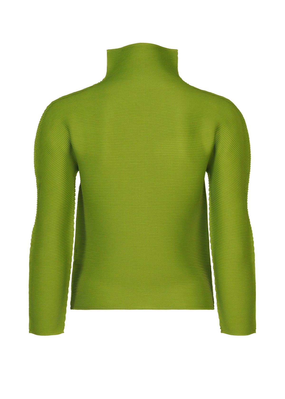 Zoomed view The STRETCH PLEATS 4 by me ISSEY MIYAKE, a green long-sleeve ribbed turtleneck top, is shown from the back against a white background.