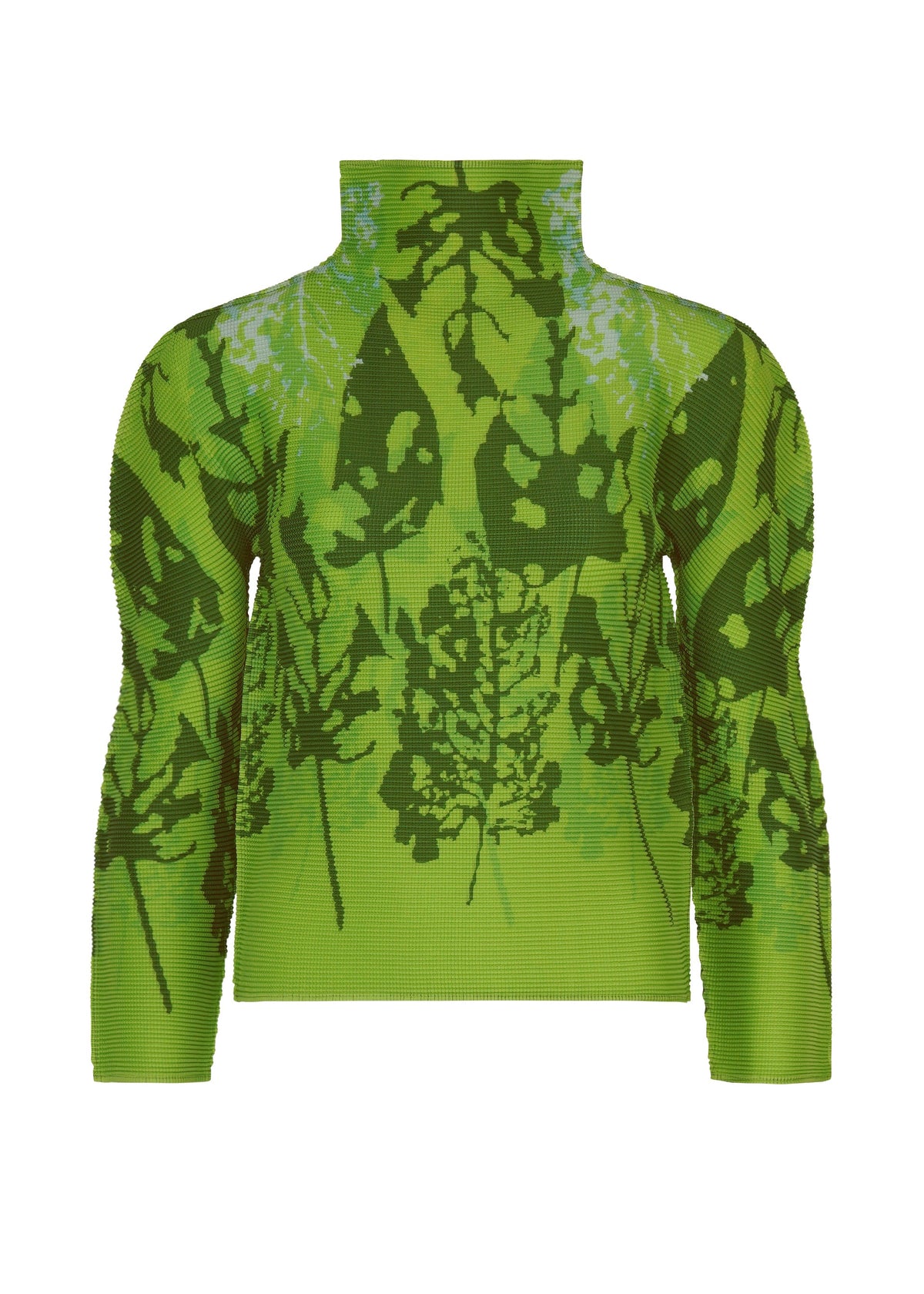 The LEAF top by me ISSEY MIYAKE is a green, high-neck long-sleeve shirt with a striking dark green leaf print—perfect for adding a fresh, stylish accent to your outfit. view 3 of 7