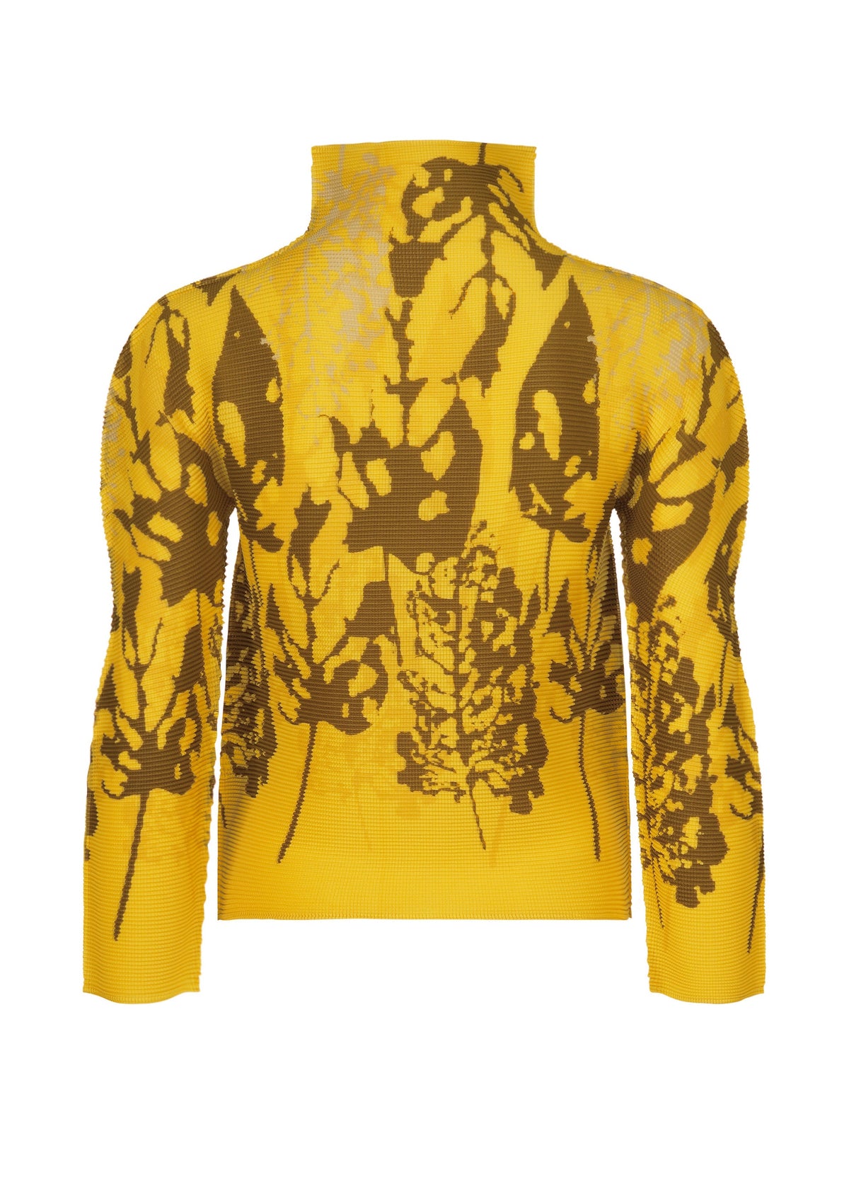 Zoomed view The LEAF top by me ISSEY MIYAKE is a yellow high-neck, long-sleeve piece featuring brown abstract leaf patterns, displayed on a white background.