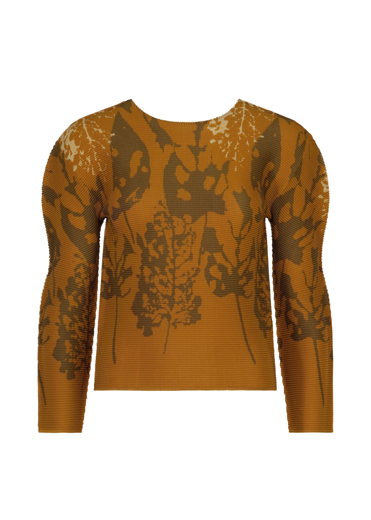 The LEAF top by me ISSEY MIYAKE is a long-sleeve, fitted round-neck featuring a brown and tan abstract floral print with subtle stretch pleats, shown against a plain white background. view 1 of 7
