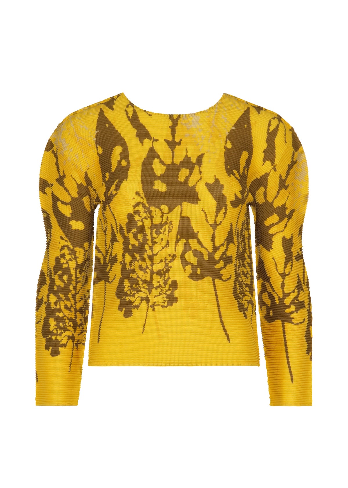 Zoomed view The LEAF top by me ISSEY MIYAKE features a yellow round neck, brown leaf and floral patterns, and fitted pleated stretch fabric for textured style. - YELLOW-HUED （no.59）
