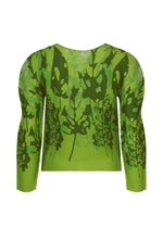 The LEAF top by me ISSEY MIYAKE features a vibrant green leaf pattern, subtle stretch pleats, and a long-sleeve round-neck design, viewed from the back with dense, nature-inspired shades of green.