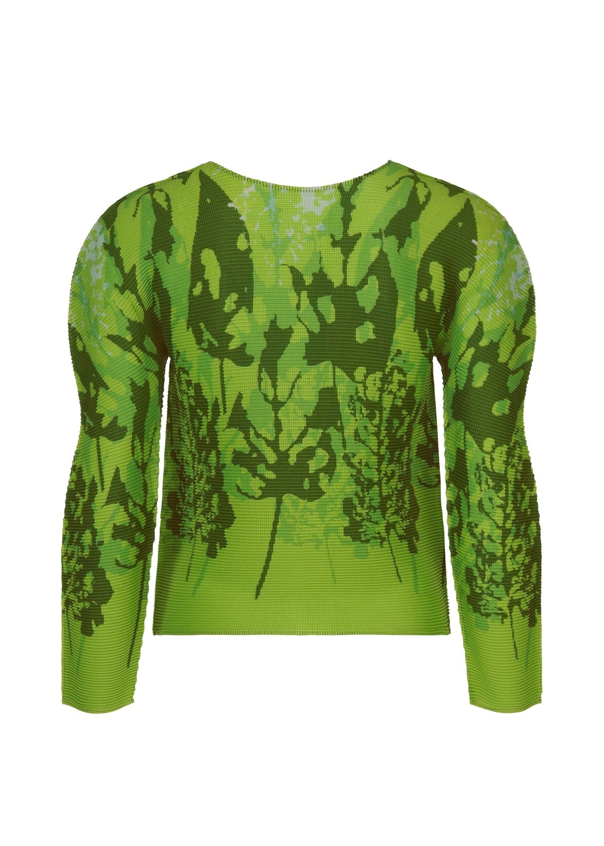 Zoomed view The LEAF top by me ISSEY MIYAKE features a vibrant green leaf pattern, subtle stretch pleats, and a long-sleeve round-neck design, viewed from the back with dense, nature-inspired shades of green.