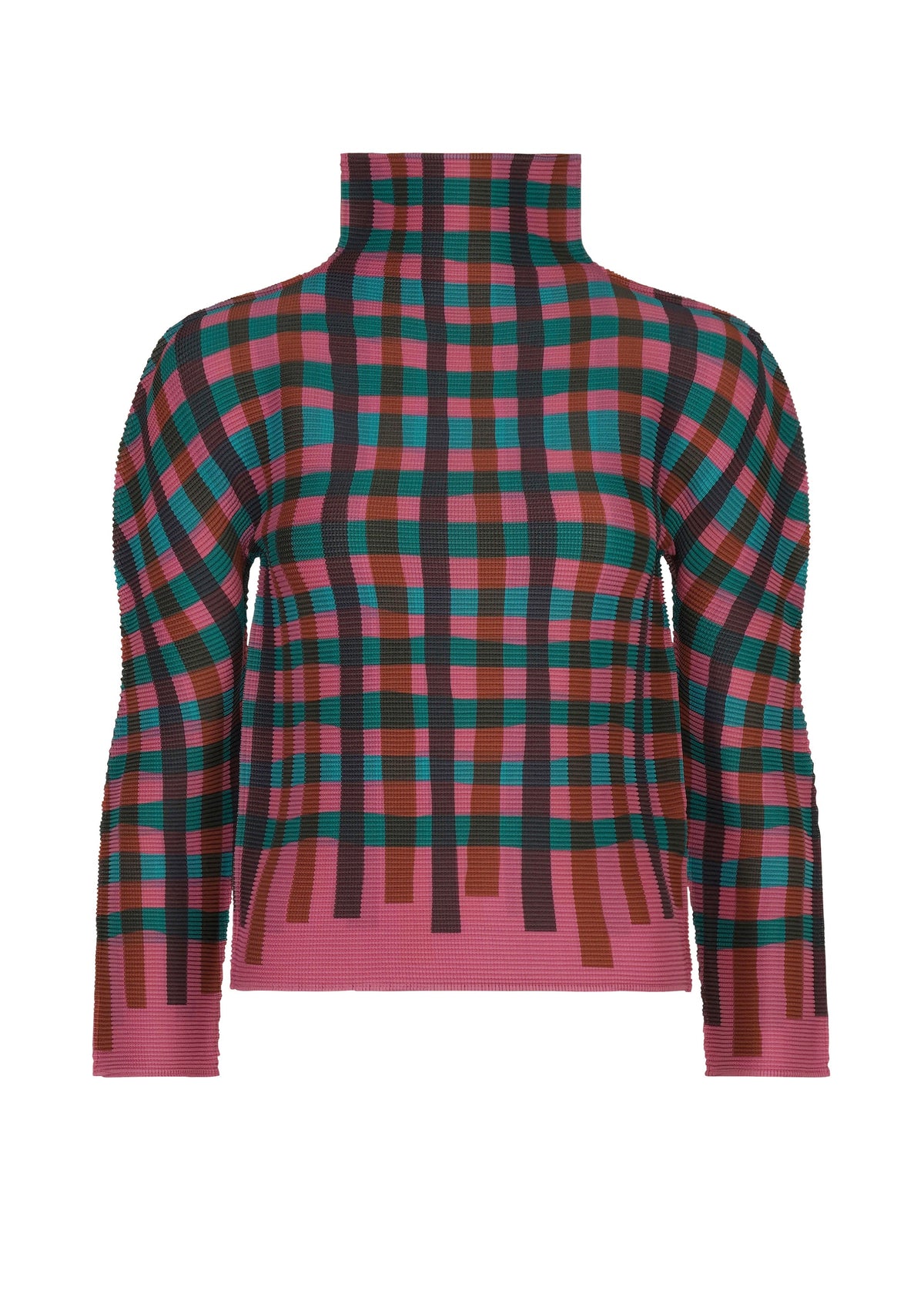 Zoomed view The TAPE CHECK by me ISSEY MIYAKE is a high-neck, long-sleeved top with a vibrant plaid of pink, teal, black, brown, and red lines on white. - PINK-HUED （no.27）
