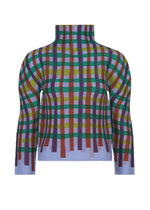The TAPE CHECK top by me ISSEY MIYAKE features a high neck, long sleeves, multicolored plaid in green, purple, brown, and yellow, plus flared hem and cuffs for extra style. - BLUE-HUED （no.78）