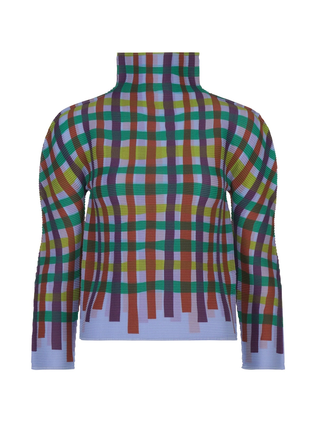Zoomed view The TAPE CHECK top by me ISSEY MIYAKE features a high neck, long sleeves, multicolored plaid in green, purple, brown, and yellow, plus flared hem and cuffs for extra style. - BLUE-HUED （no.78）