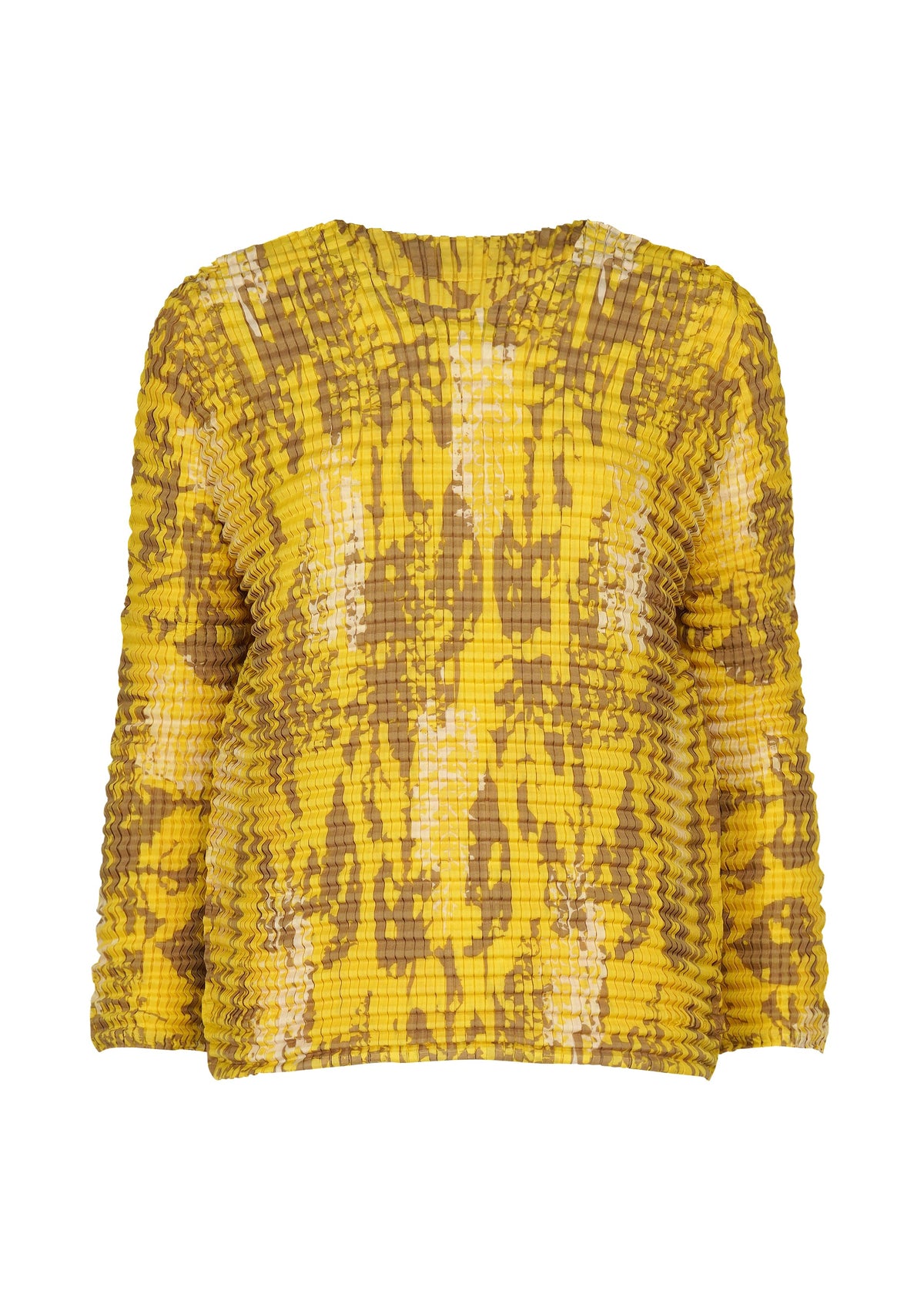Zoomed view LEAF PLEATS SHIRT by me ISSEY MIYAKE: yellow and brown long-sleeved top with a crinkled, pleated texture and abstract tie-dye pattern, shown on a plain white background. - YELLOW-HUED （no.59）