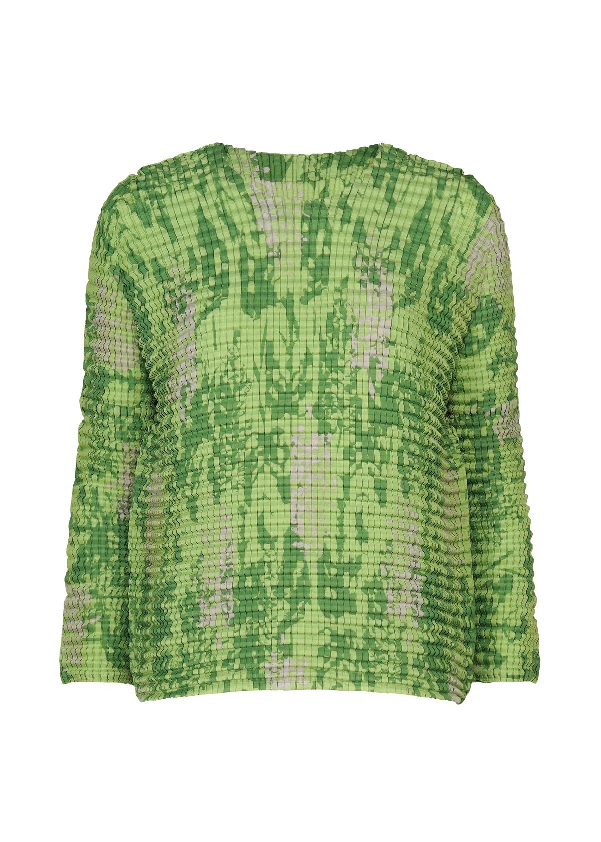 Zoomed view The LEAF PLEATS SHIRT by me ISSEY MIYAKE is a green, long-sleeved top with a crinkled leaf pattern, round neckline, and relaxed fit for comfort. - GREEN-HUED （no.69）
