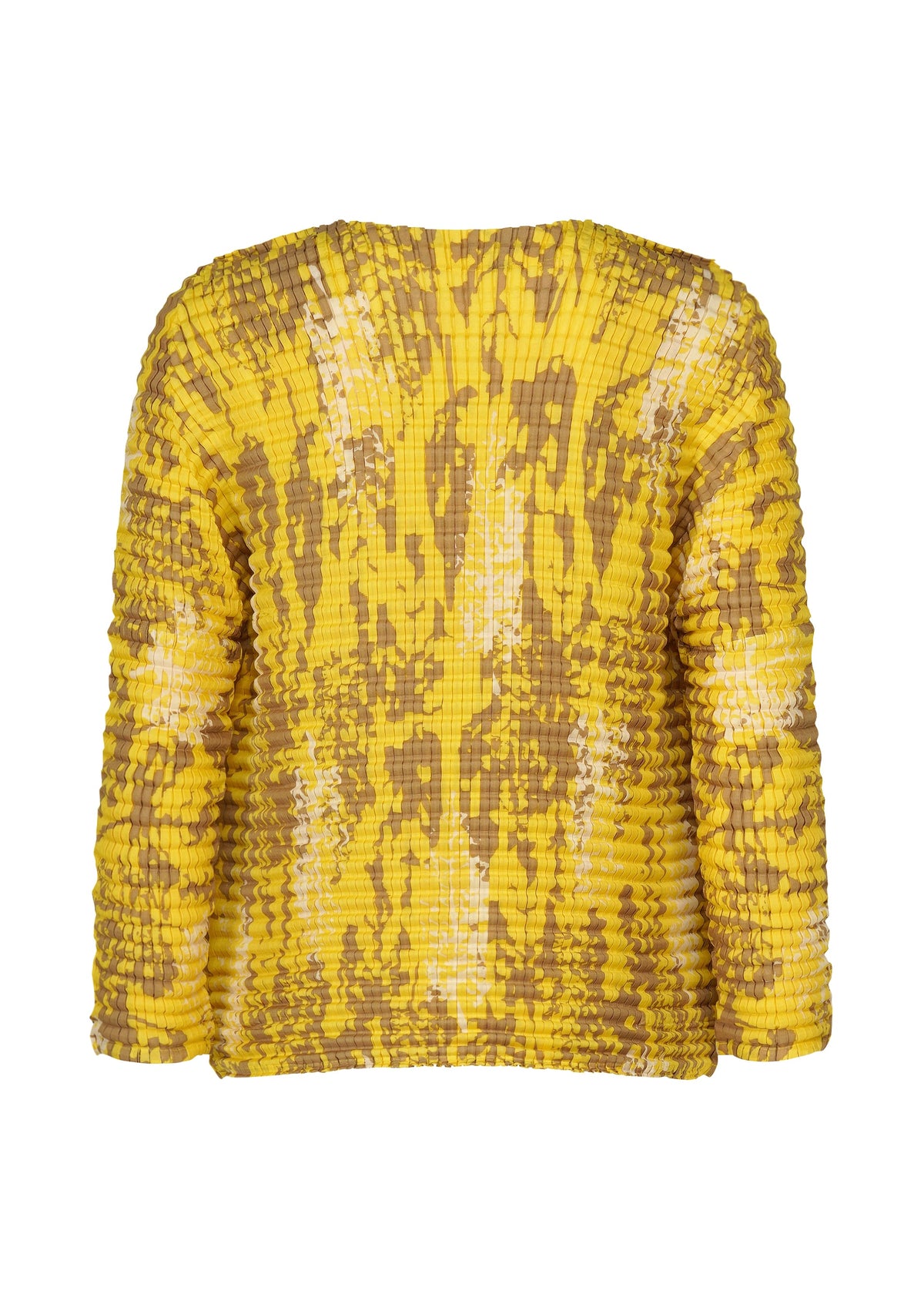 The image shows the back of the LEAF PLEATS SHIRT by me ISSEY MIYAKE, a yellow pleated long-sleeve top with a crinkled texture and an abstract brown and white pattern. view 4 of 7