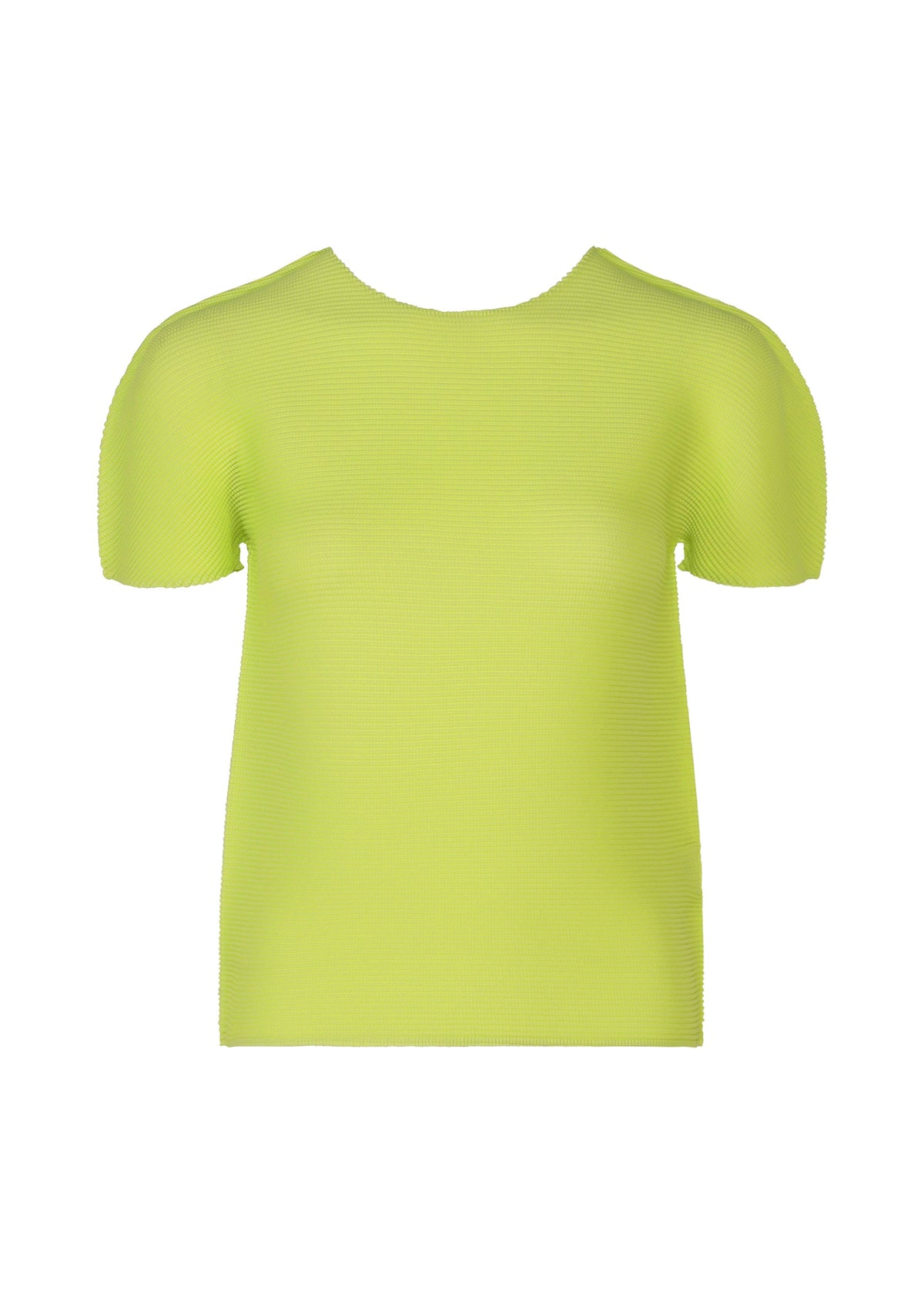 The STRETCH PLEATS 1 by me ISSEY MIYAKE is a lime green, short-sleeved ribbed-knit round-neck top with stretch pleats, shown against a white background. view 1 of 8