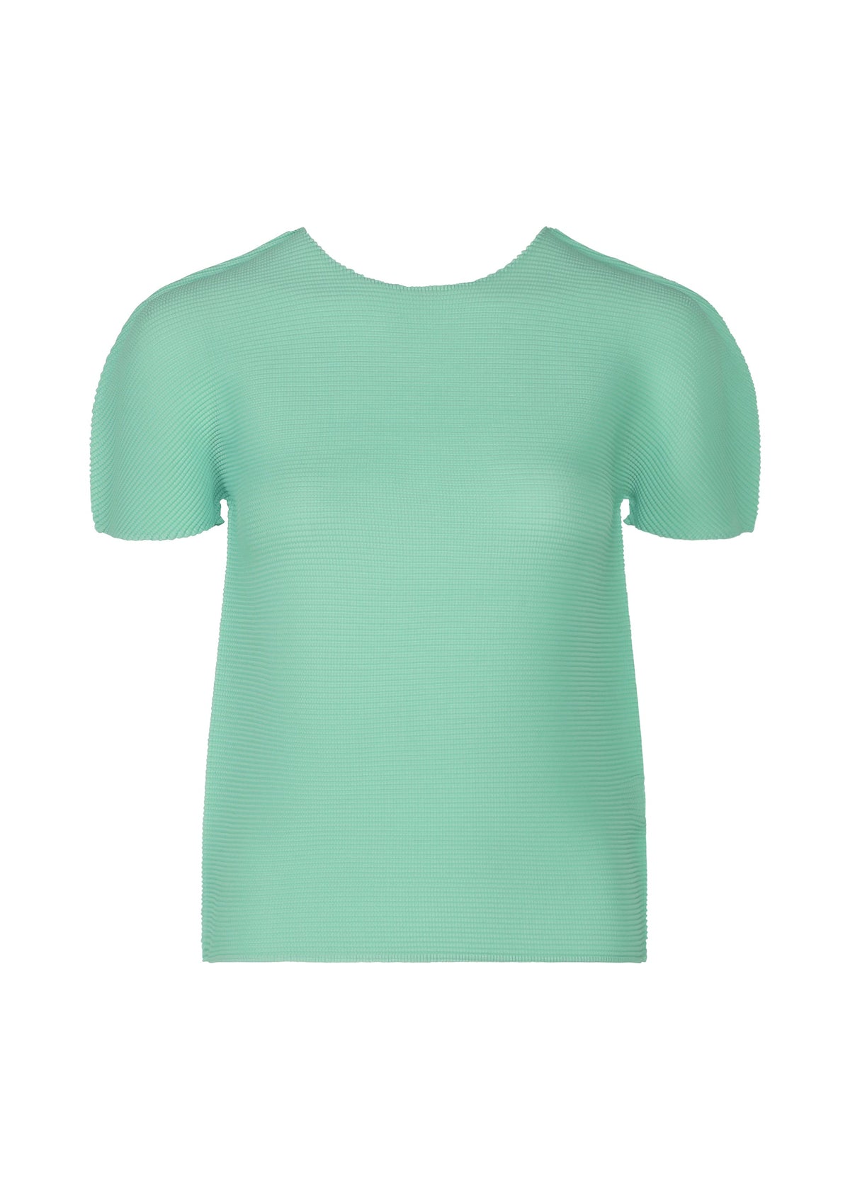 The STRETCH PLEATS 1 by me ISSEY MIYAKE is a mint green, short-sleeved top with stretch pleats and a round neck, shown on a white background. view 2 of 8