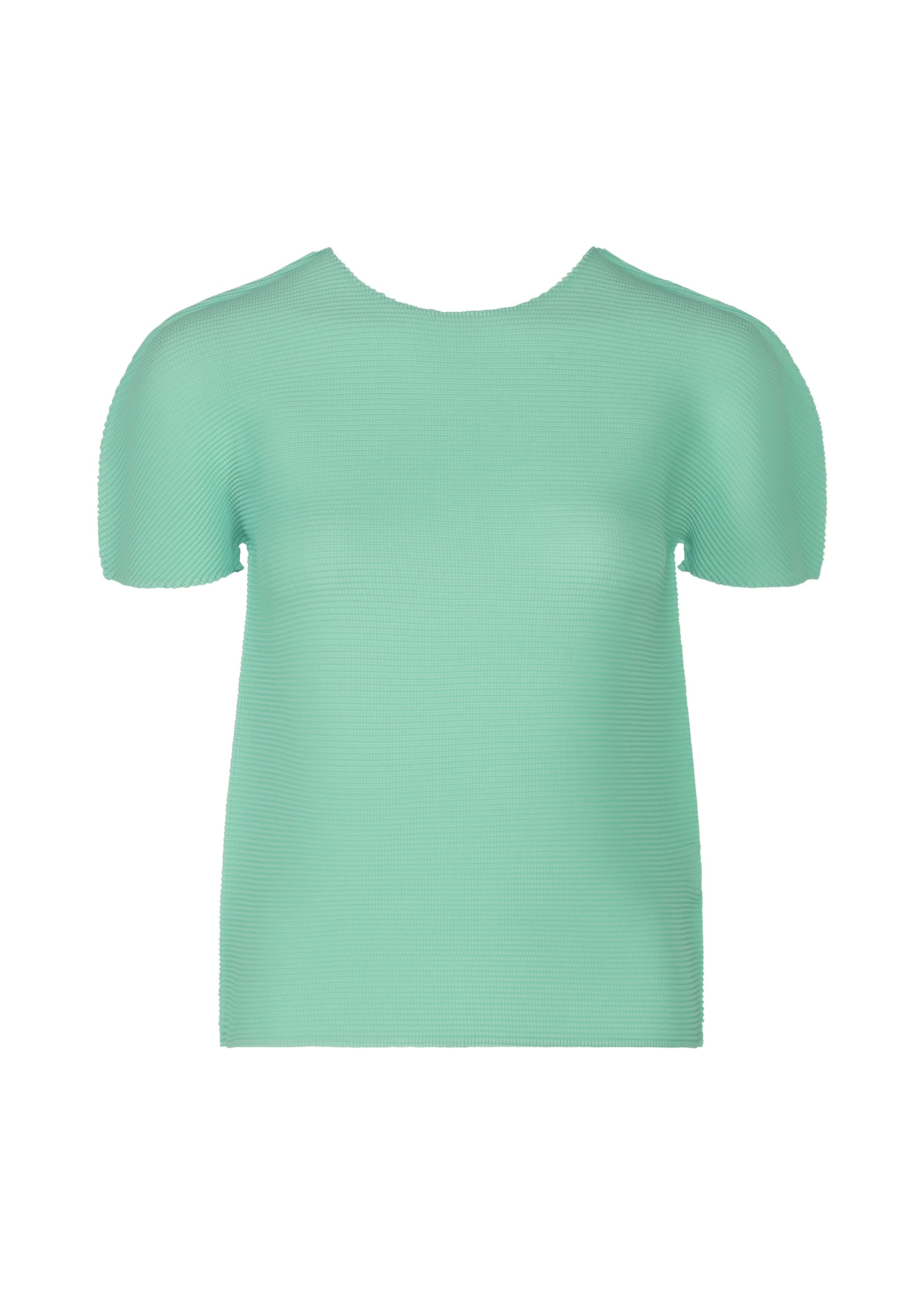Zoomed view The STRETCH PLEATS 1 by me ISSEY MIYAKE is a mint green, short-sleeved top with stretch pleats and a round neck, shown on a white background. - SKY BLUE （no.70）
