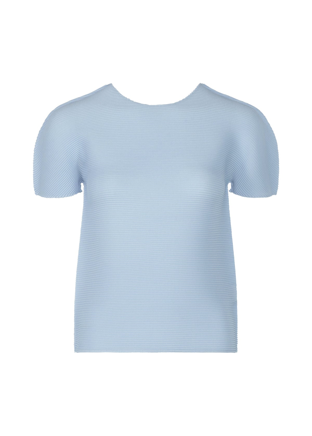 The STRETCH PLEATS 1 by me ISSEY MIYAKE is a light blue, short-sleeved, crew-neck top made from textured fabric with stretch pleats, shown on a plain white background. view 3 of 8