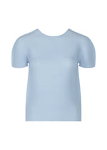 The STRETCH PLEATS 1 by me ISSEY MIYAKE is a light blue, short-sleeved, crew-neck top made from textured fabric with stretch pleats, shown on a plain white background. - FOGGY BLUE （no.71）