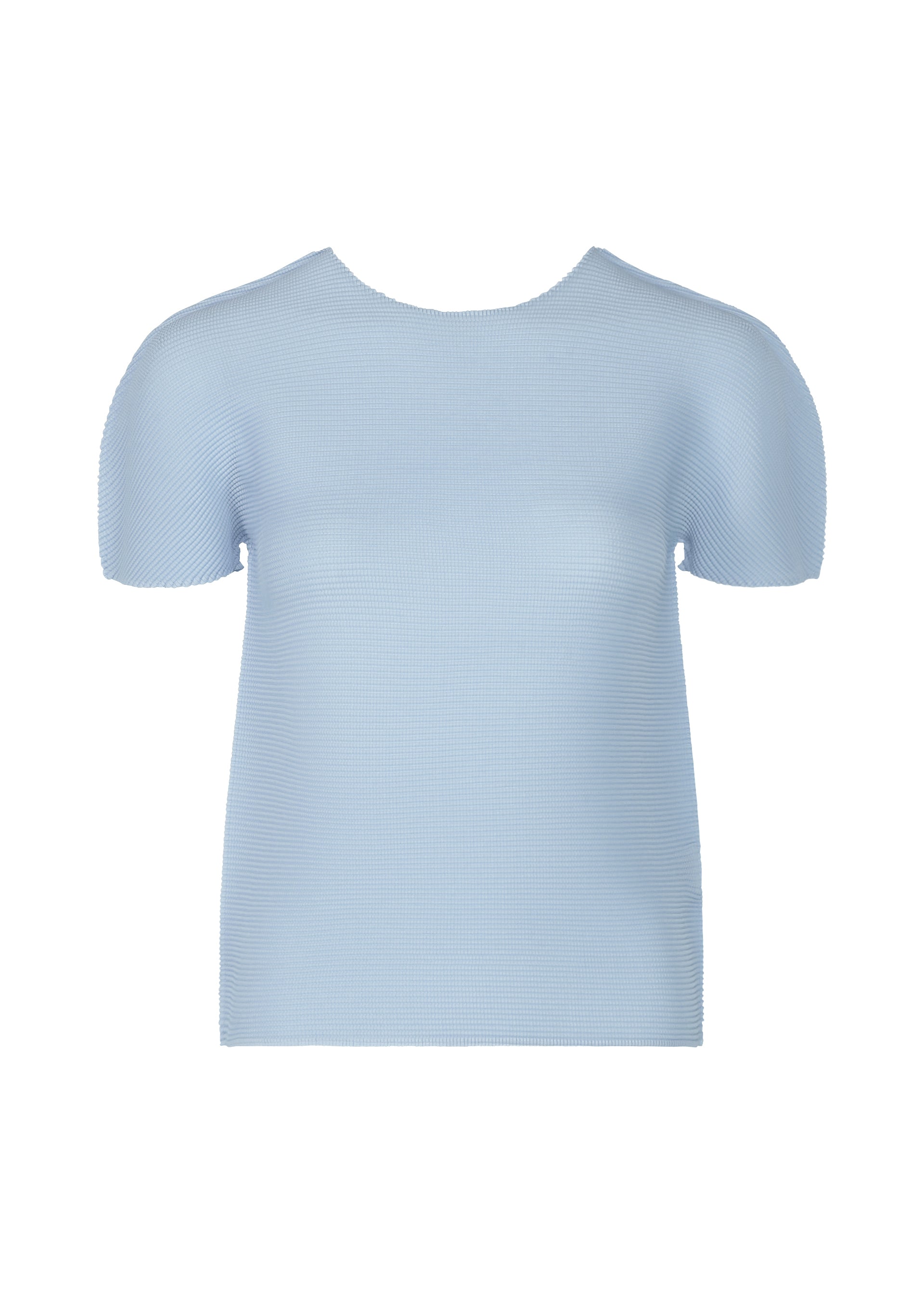 Zoomed view The STRETCH PLEATS 1 by me ISSEY MIYAKE is a light blue, short-sleeved, crew-neck top made from textured fabric with stretch pleats, shown on a plain white background. - FOGGY BLUE （no.71）