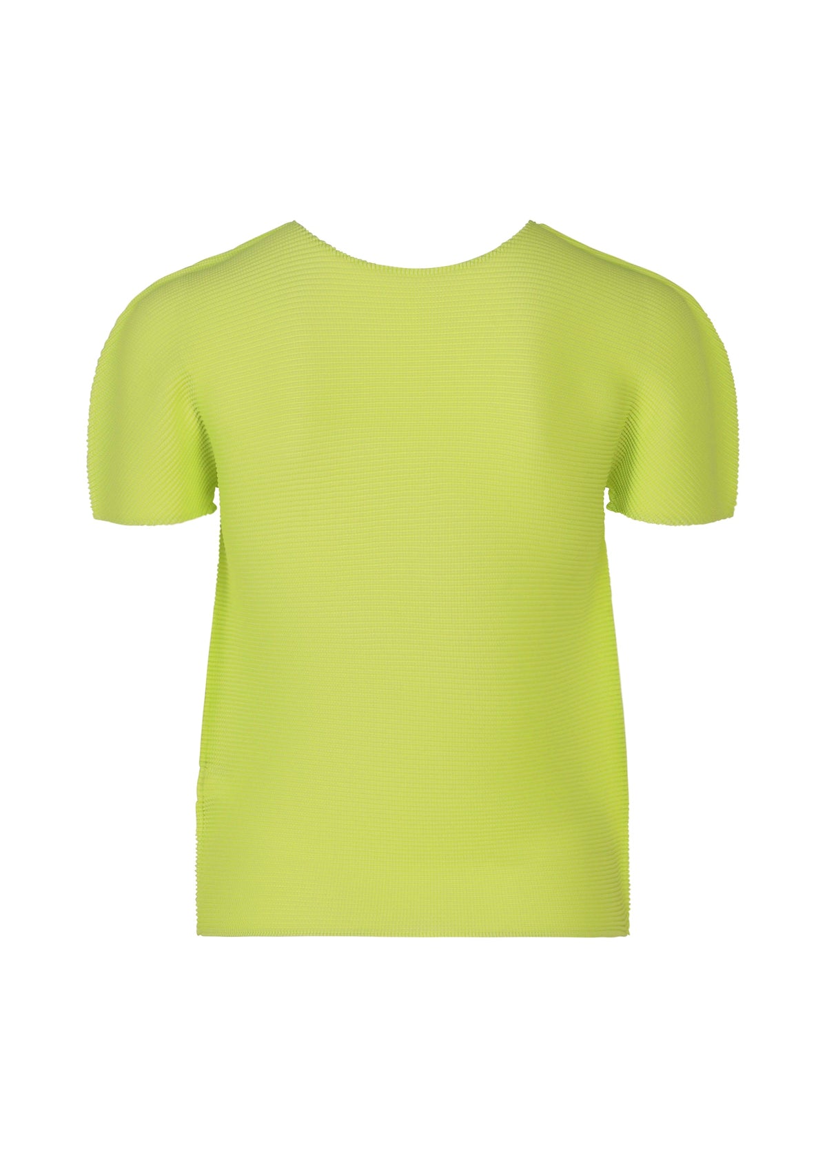 The STRETCH PLEATS 1 by me ISSEY MIYAKE is a plain, lime green, short-sleeved round-neck top shown from the back against a white background. It features a simple design with no visible logos, patterns, or embellishments. view 4 of 8
