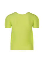 The STRETCH PLEATS 1 by me ISSEY MIYAKE is a plain, lime green, short-sleeved round-neck top shown from the back against a white background. It features a simple design with no visible logos, patterns, or embellishments.