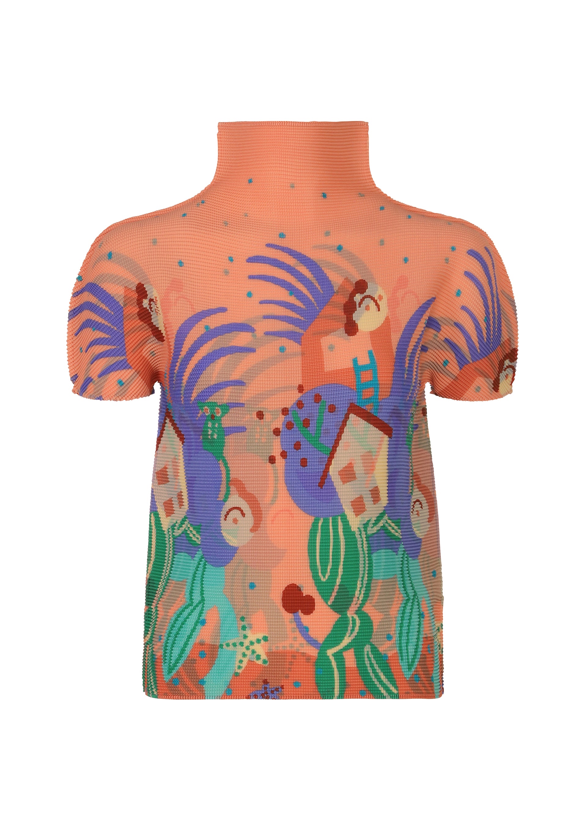 Zoomed view The ISLAND top by me ISSEY MIYAKE is a short-sleeved, high-neck orange piece with a stretchy fit and an abstract pattern inspired by Philippines tarsier motifs in blue, green, and red. - SALMON PINK-HUED （no.37）