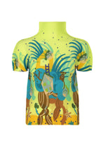 The ISLAND top by me ISSEY MIYAKE is a yellow, short-sleeved, high-neck piece with a vibrant abstract horse, blue swirls, ladder, and geometric patterns for a whimsical effect. - LIME YELLOW-HUED （no.58）