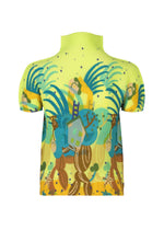 The ISLAND top by me ISSEY MIYAKE is a yellow, short-sleeved, high-neck stretchy shirt featuring abstract blue palm leaves, people, a house, animals including a Philippines tarsier motif, and colorful geometric patterns.