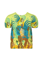 The ISLAND short-sleeved shirt by me ISSEY MIYAKE showcases a vibrant yellow background with abstract houses, trees, and blue swirls in a whimsical Philippine-inspired design for a bold, artistic statement. - LIME YELLOW-HUED （no.58）