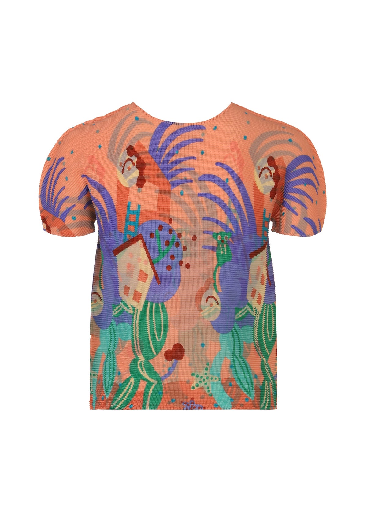 The ISLAND shirt by me ISSEY MIYAKE is a short-sleeved orange piece showcasing stylized roosters, houses, and green foliage in bold purple, red, and green hues inspired by Philippine motifs. view 3 of 6