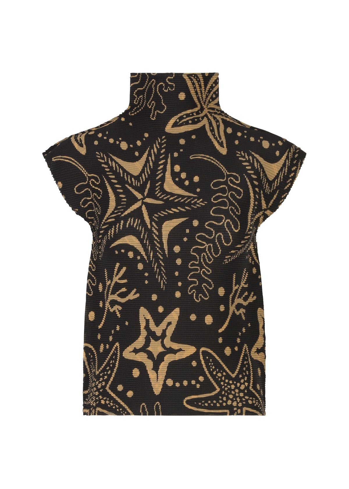 The STARFISH top by me ISSEY MIYAKE is a black high-neck piece with French sleeves, adorned with gold sea motifs including starfish, coral, and swirling lines. view 1 of 7